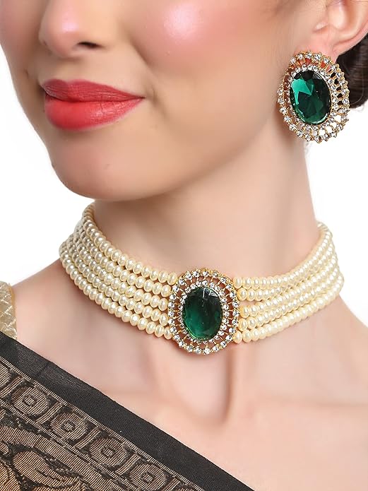 Shining Diva Fashion 18k Gold Plated Latest Stylish Fancy Choker Traditional Pearl Necklace Jewellery Set for Women