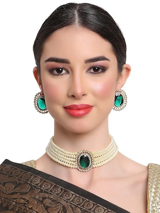 Shining Diva Fashion 18k Gold Plated Latest Stylish Fancy Choker Traditional Pearl Necklace Jewellery Set for Women